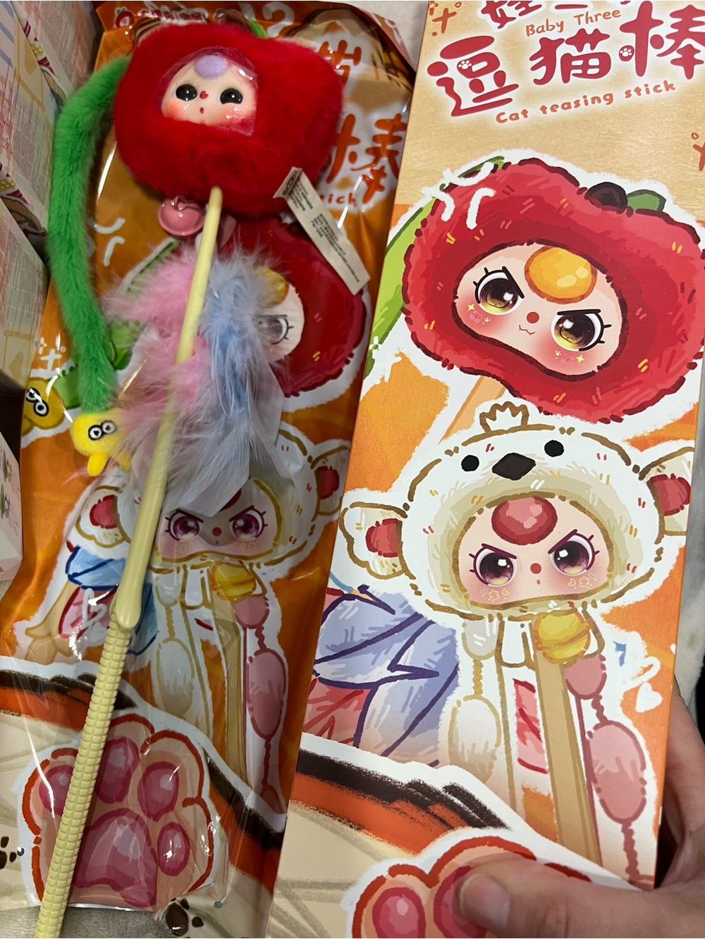Baby three Cute Red Fuzzy Cat Teasingi Stick Toy